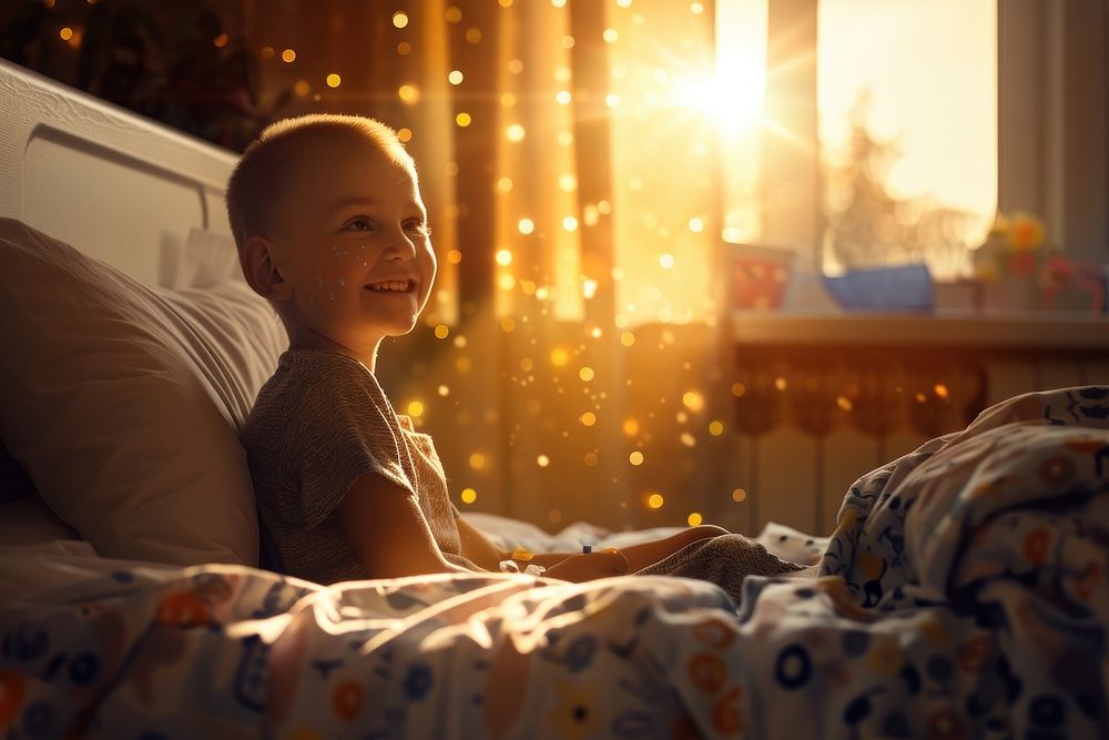 Photo of smile child with cancer bed furniture blanket.