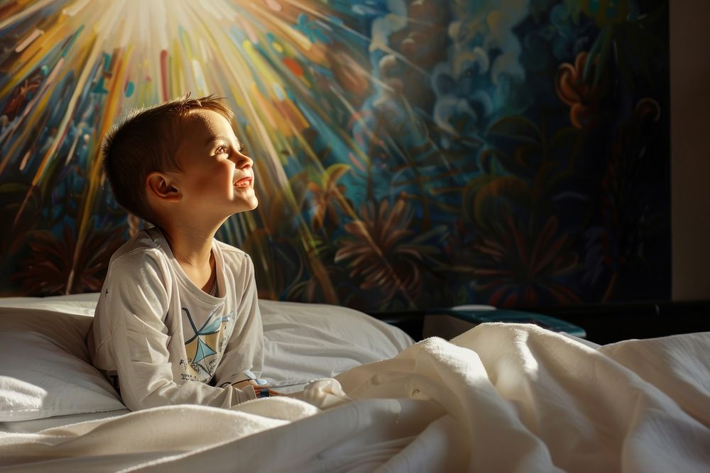 Photo of smile child bed furniture portrait.