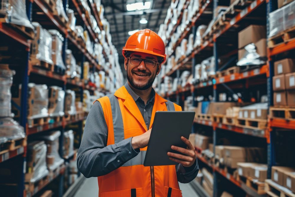 Photo of warehouse employee smiling hardhat helmet adult.