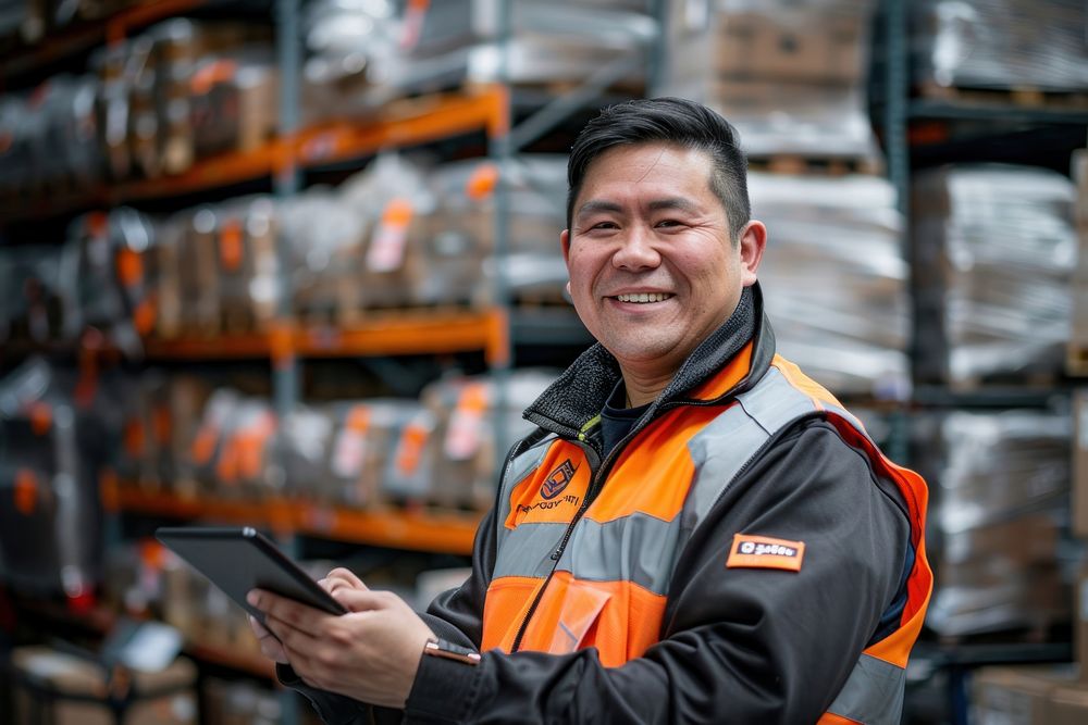 Photo of warehouse employee smiling adult electronics technology.