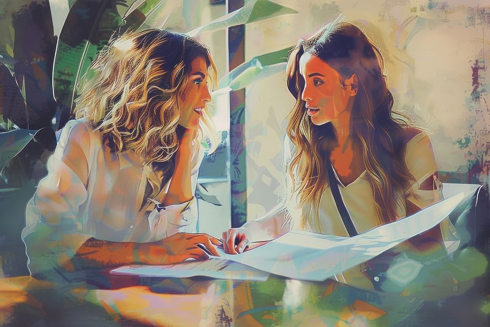 Photo of two woman working together sitting art togetherness.