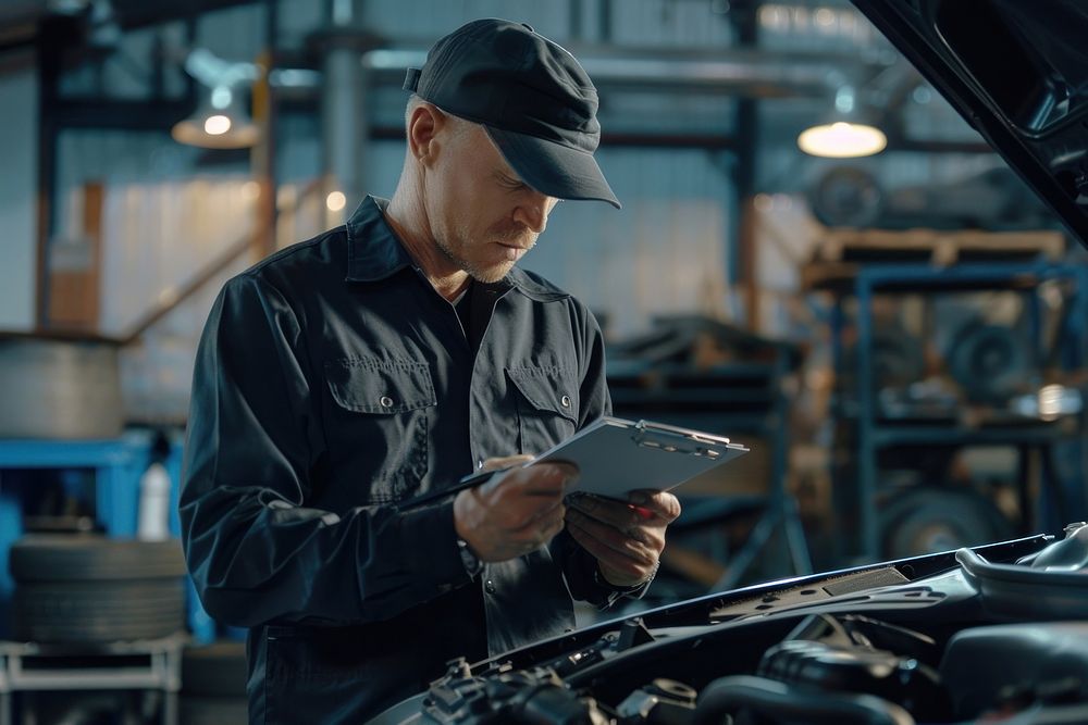 Examining a car engine under the hood cap transportation e-scooter.