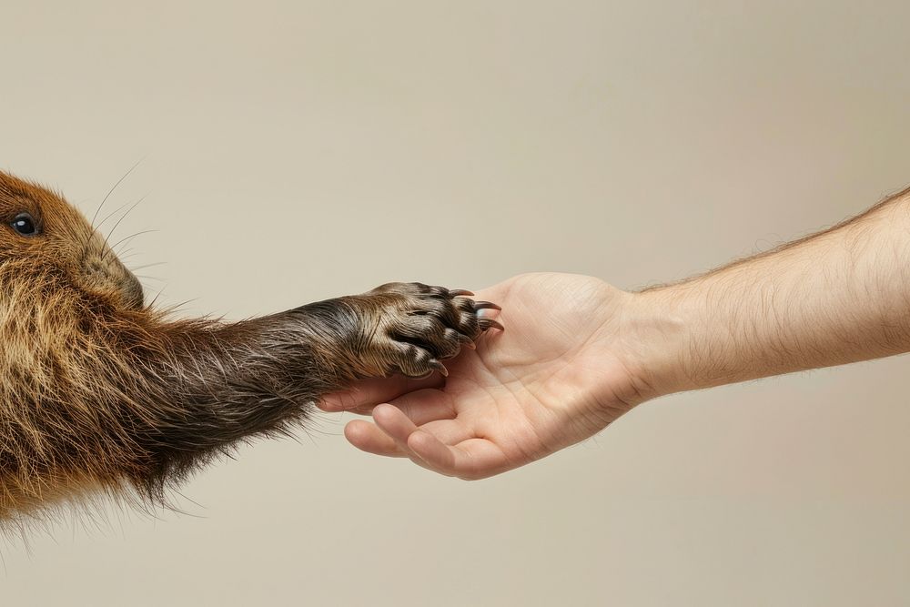 Beaver hand shaking leg human electronics wildlife.