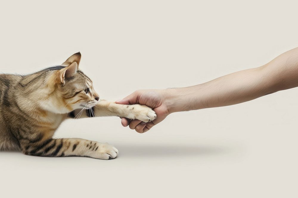 Cat leg shaking hand human finger person.