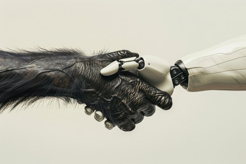 Chimpanzee hand shaking leg human electronics medication.