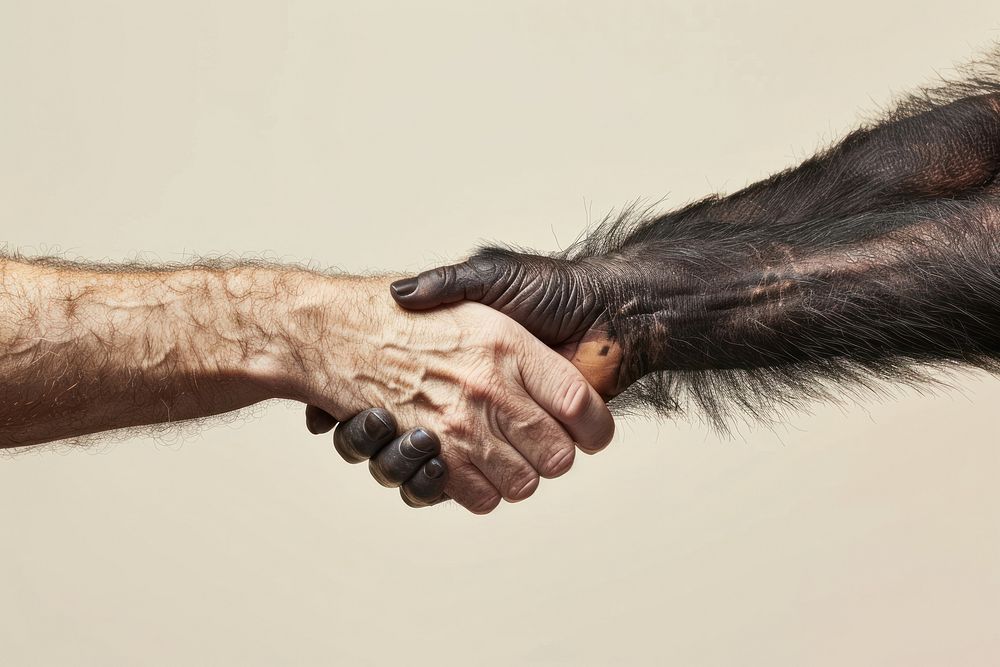 Chimpanzee handshake human wildlife person.