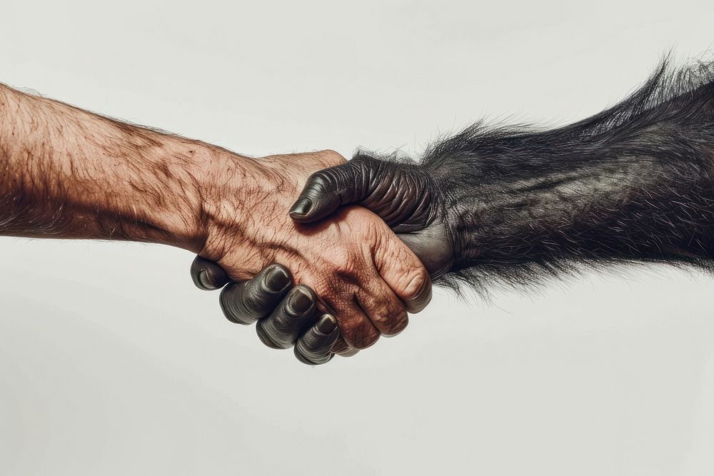 Chimpanzee handshake human weaponry person.