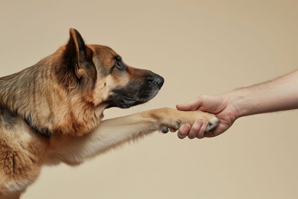German sherperd hand shaking leg human animal canine.