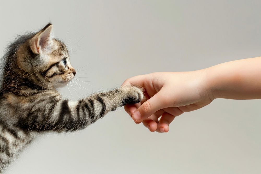 Kitten hand shaking leg human animal mammal.