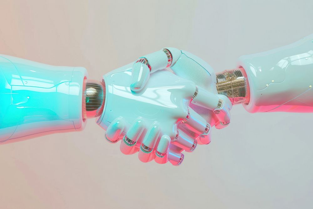 Neon robot hand shaking toothpaste cosmetics lipstick.