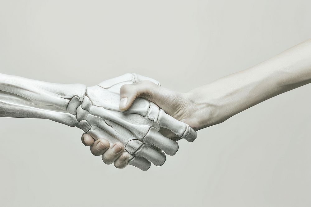 Skeleton hand shaking human person holding hands.