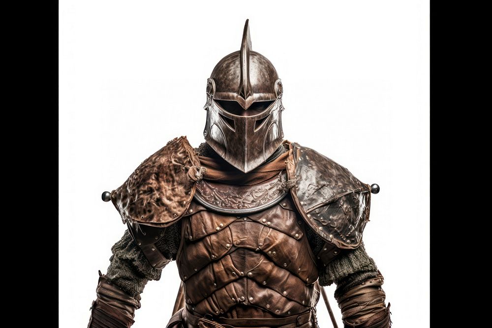 Warrior wearing iron helmet person armor adult.