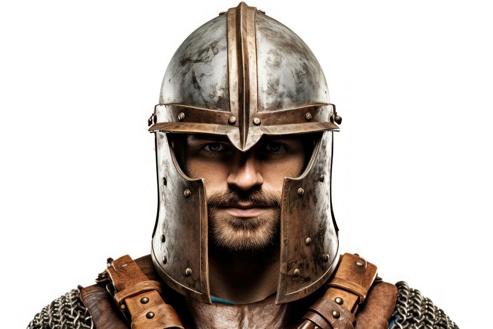 Warrior wearing iron helmet clothing apparel hardhat.