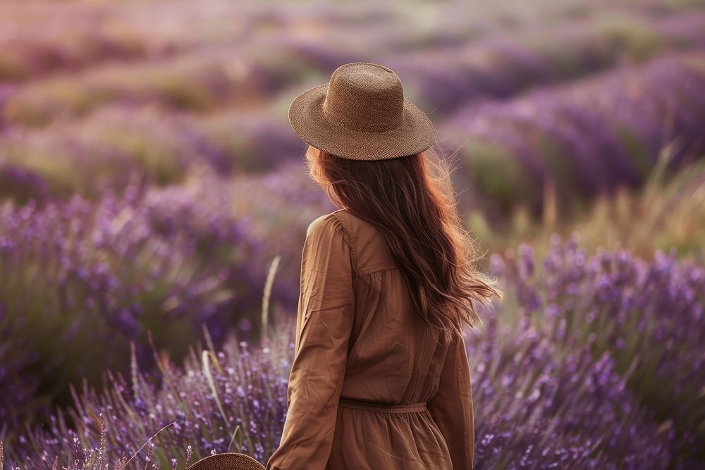 Woman in long sleeve brown shirt lavender landscape outdoors.