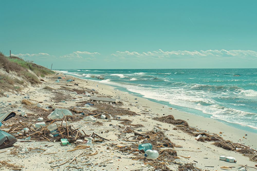 Waste trash on the beach landscape outdoors horizon.