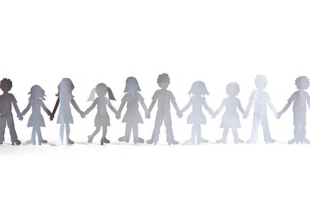 Paper cutouts of people holding hands silhouette human clothing.