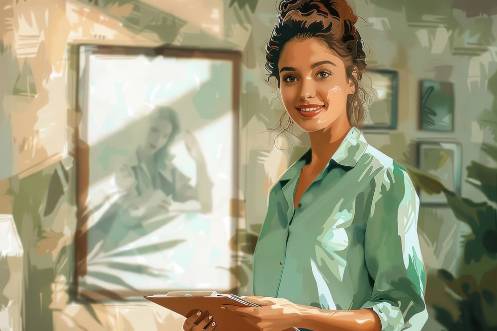 Young woman holding a document painting art entrepreneur.