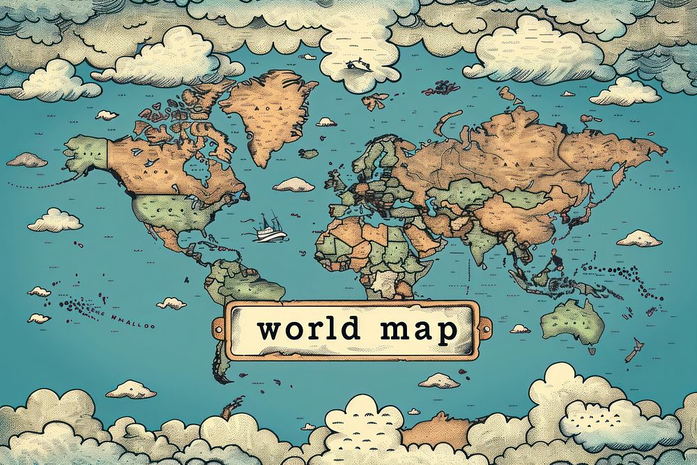 Illustration of world map sea blackboard outdoors.