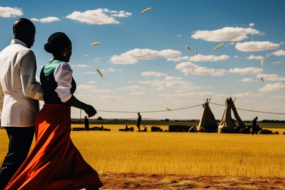 Photo of a African Wedding outdoors windmill walking.