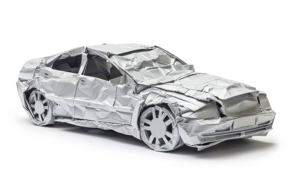 Car in style of crumpled transportation automobile aluminium.