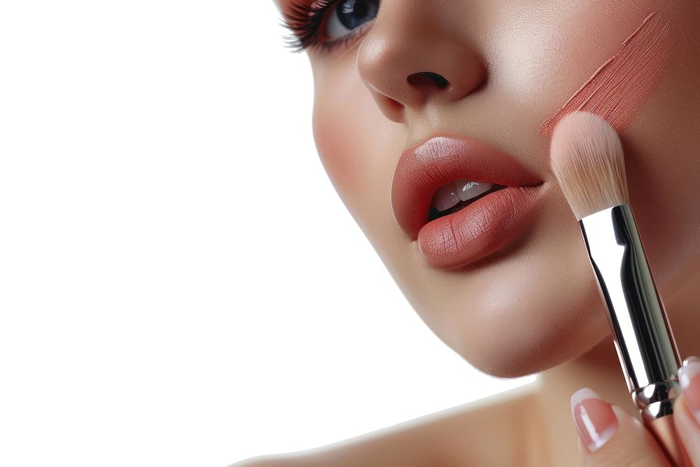 Photo of closeup woman face brush cosmetics lipstick.