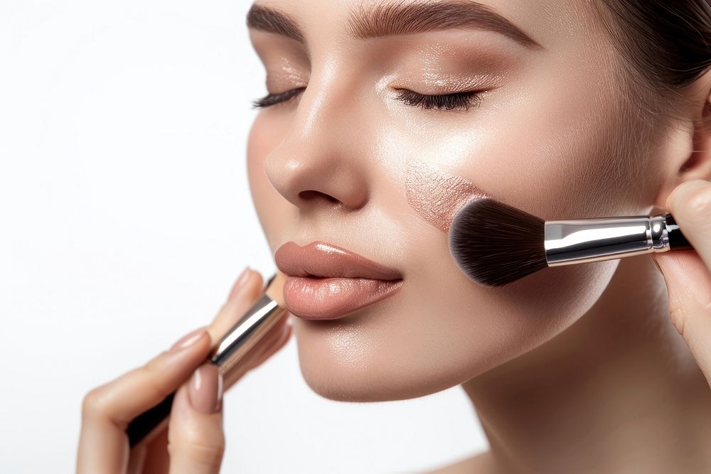 Photo of closeup woman face brush cosmetics lipstick.