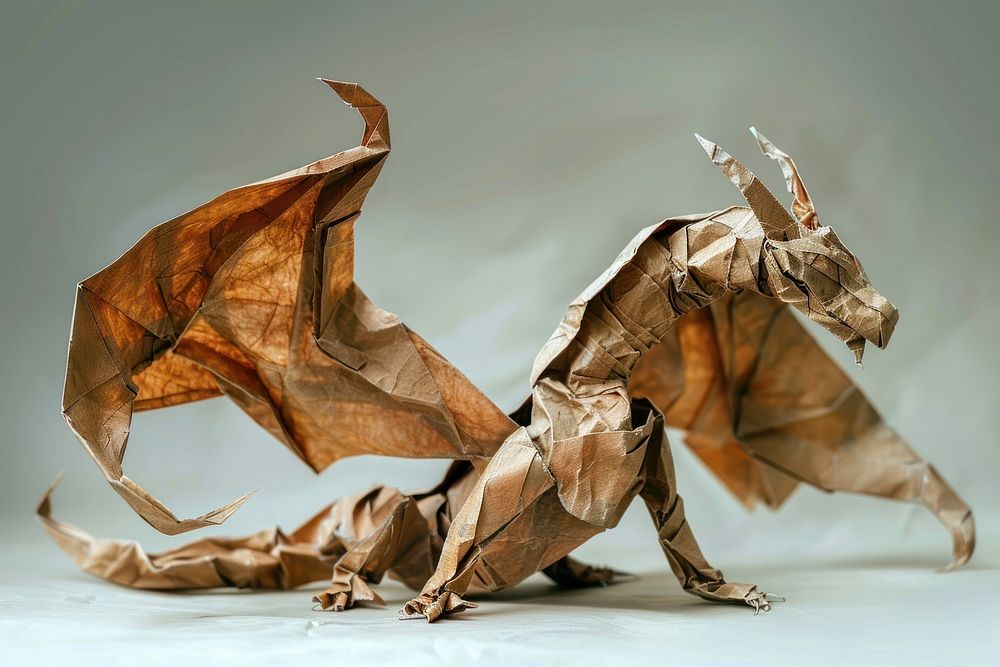 Dragon in style of crumpled paper origami person.