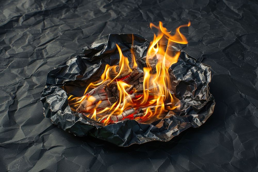 Fire in style of crumpled aluminium grilling bonfire.