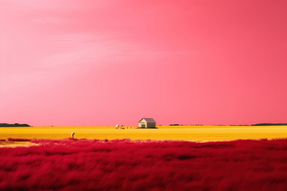 Photo of pink field livestock outdoors horizon.