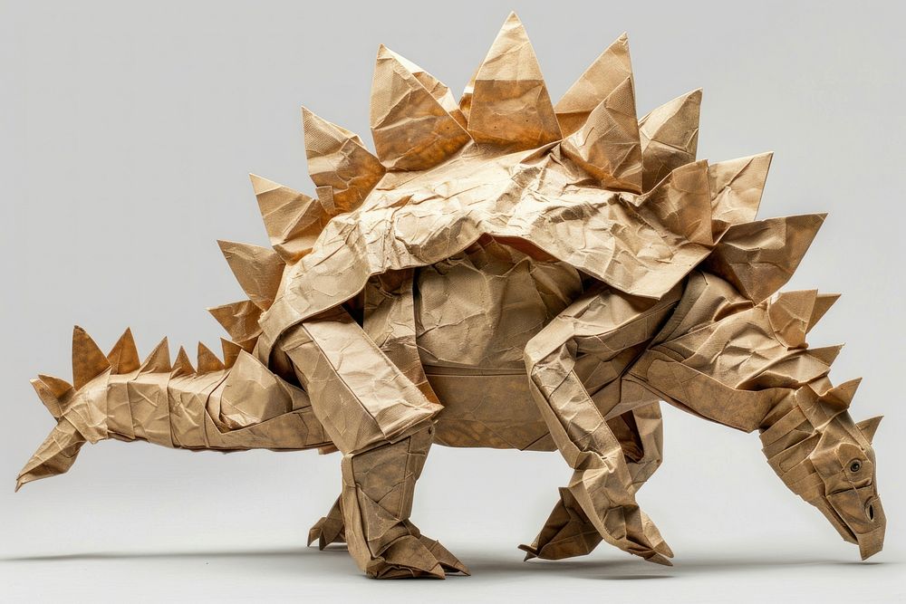 Stegosaurus in style of crumpled paper origami person.