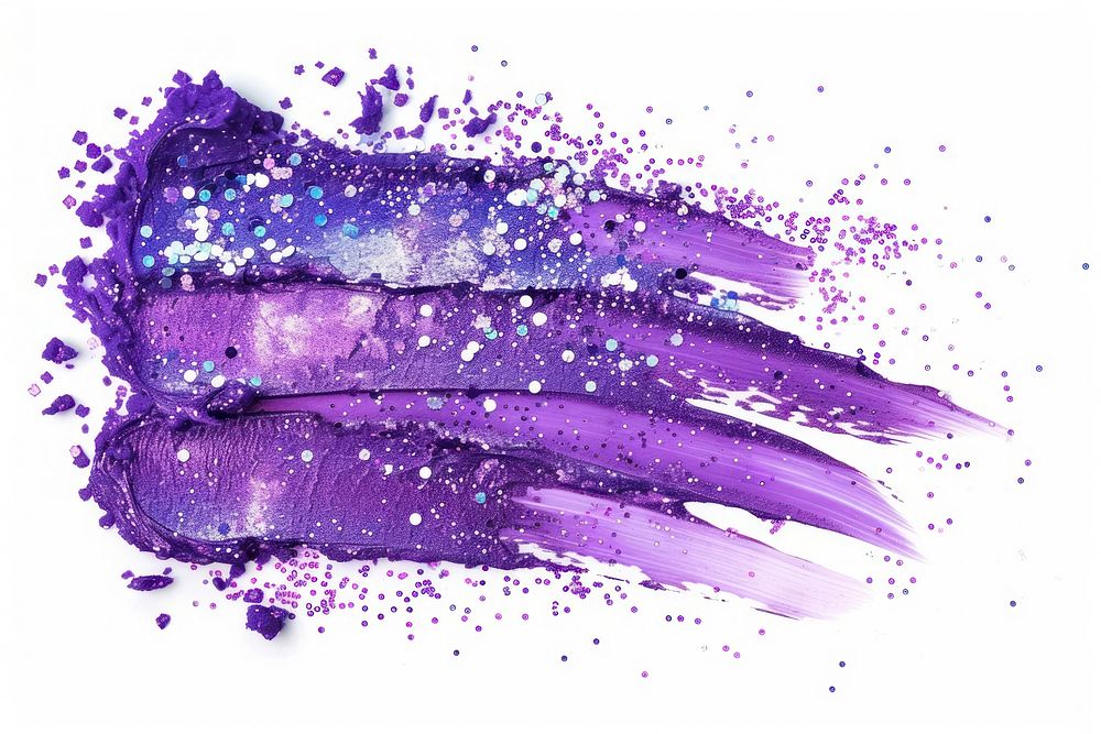 Purple brush strokes glitter paint white background.
