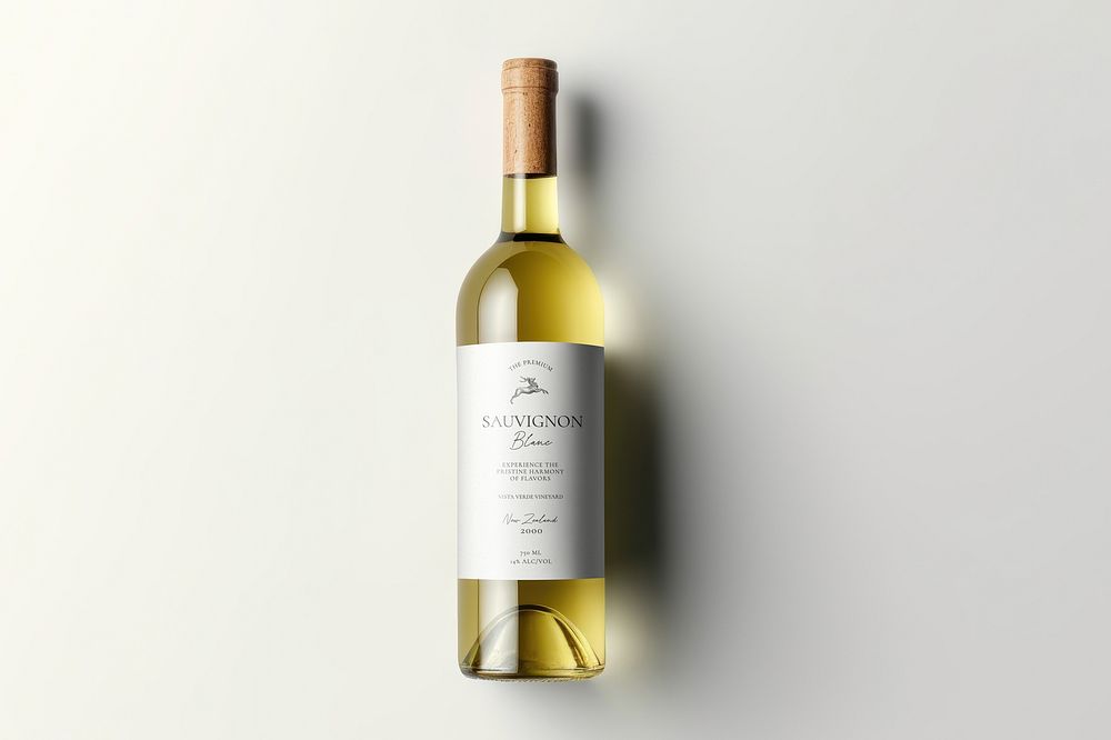 White wine bottle flat lay