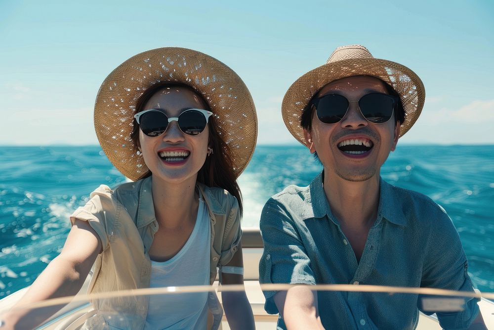 Happy chinese couple laughing accessories sunglasses.