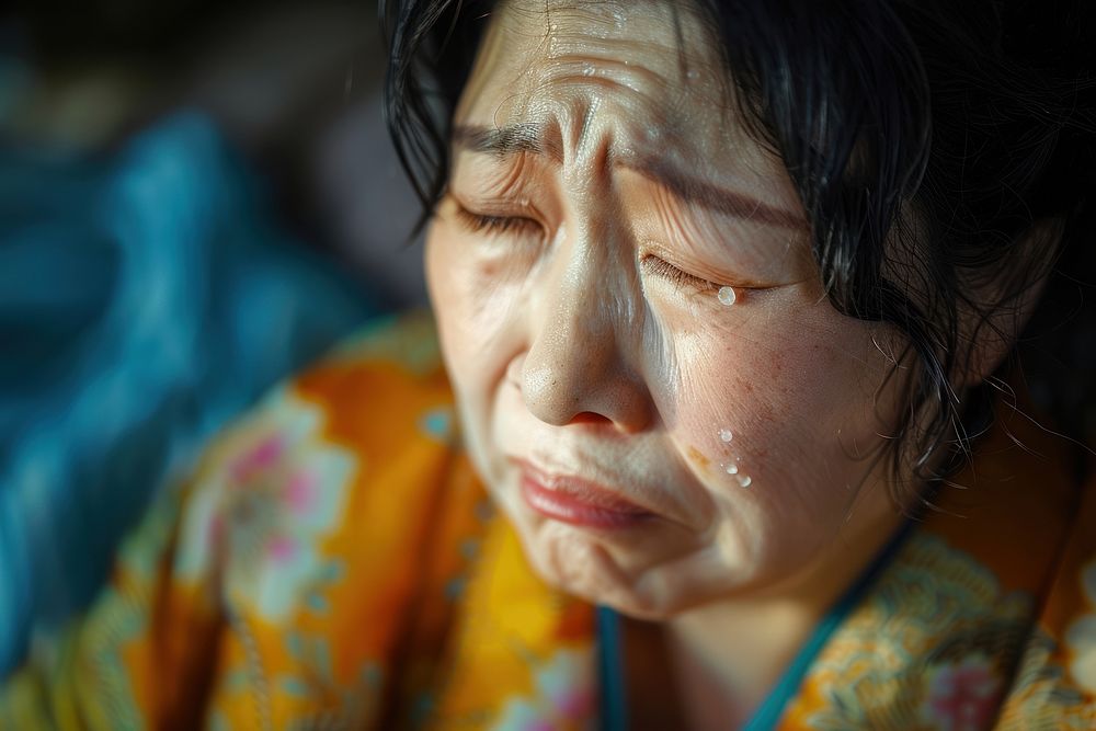 Japanese housewife crying sweating worried.