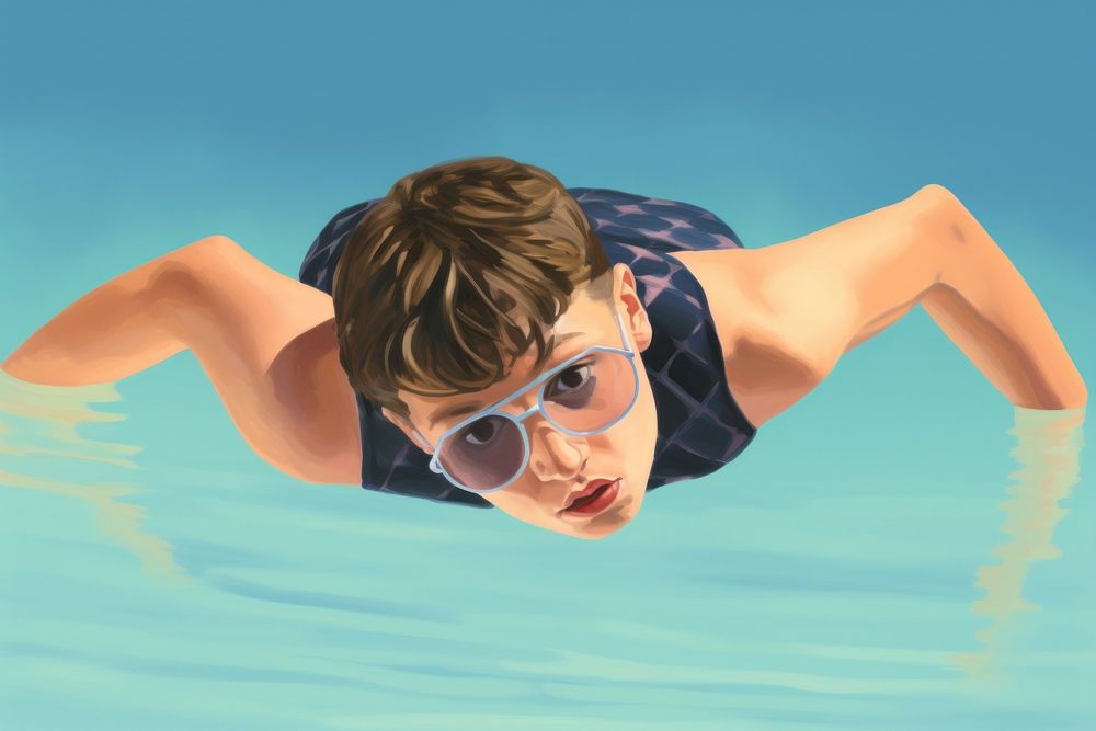 A boy with glasses swimming sports swimwear.