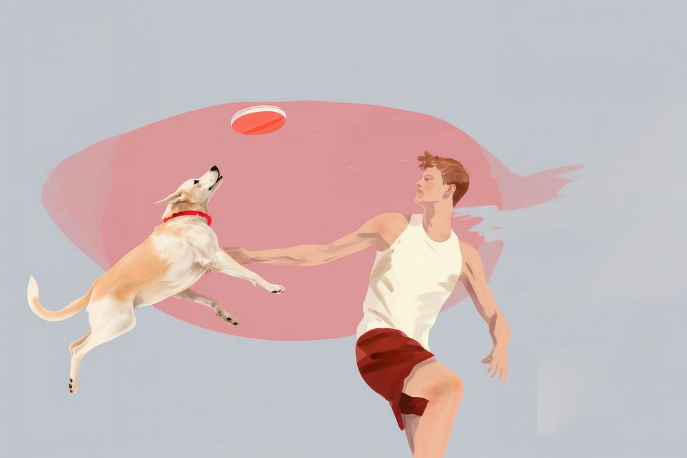 A boy plays frisbee dog sports mammal.