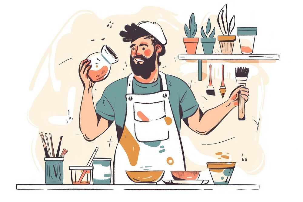 Artist holding paint can flat illustration furniture cleaning dessert.