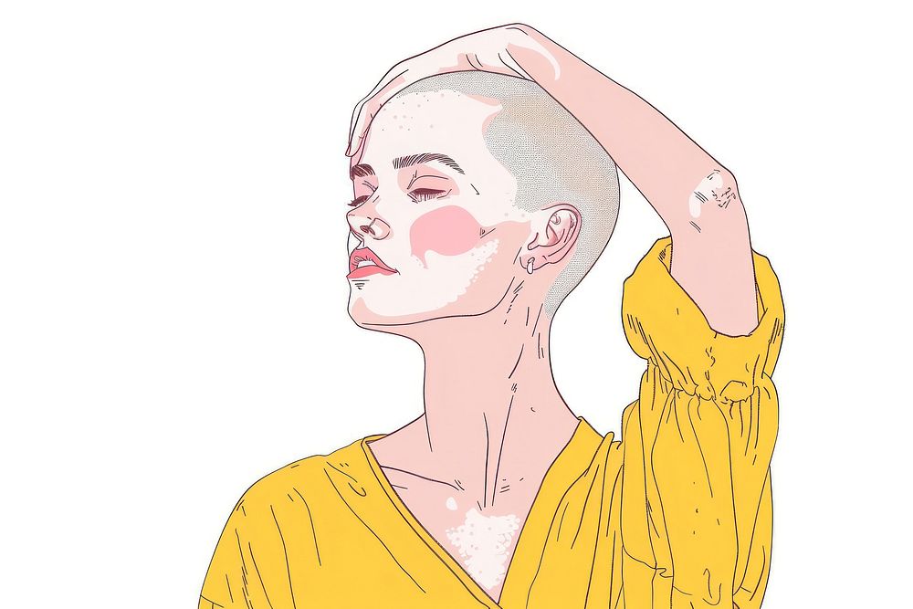 Bald middle age woman touching shaved head flat illustration art illustrated drawing.