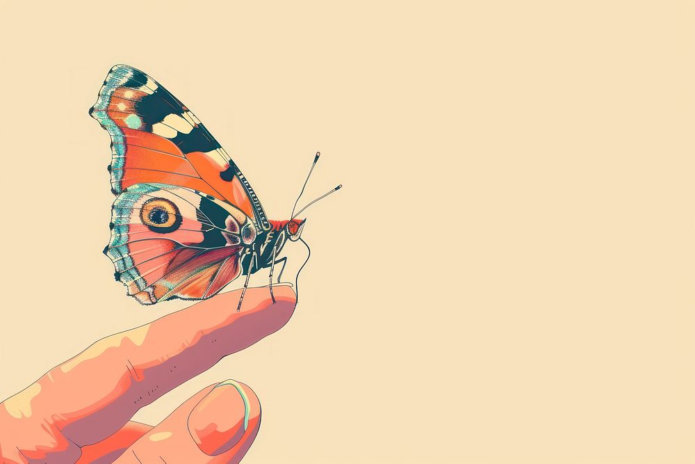 Butterfly on finger flat illustration butterfly invertebrate person.