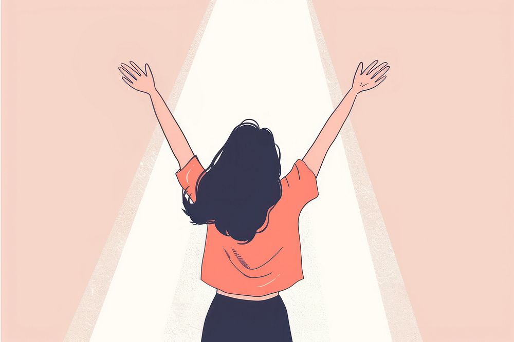 Girl with arms raised standing in spotlight flat illustration triumphant person female.
