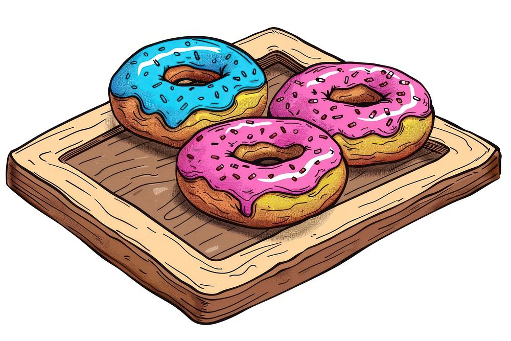 Donuts on wooden tray flat flat illustration confectionery sweets bread.