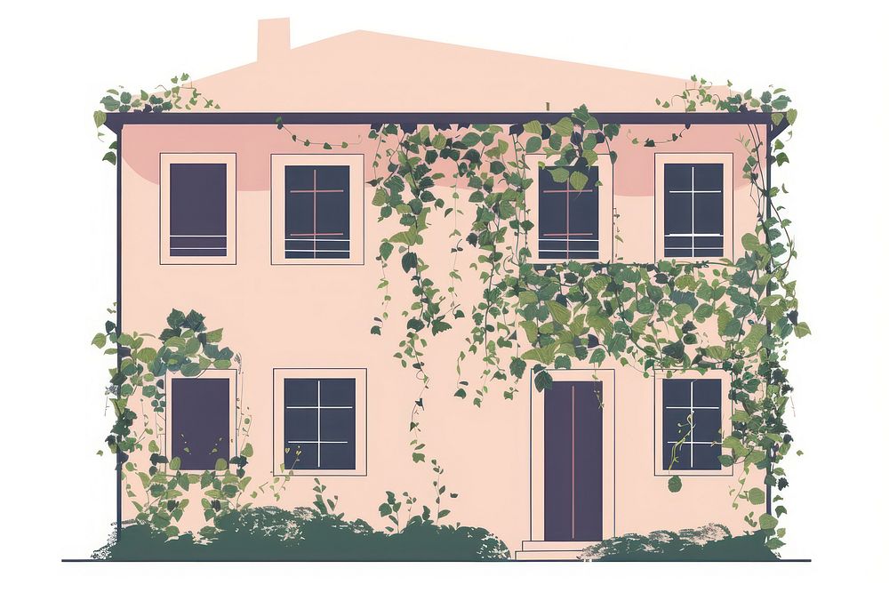 Facade of house overgrown by ivy flat illustration architecture building housing.