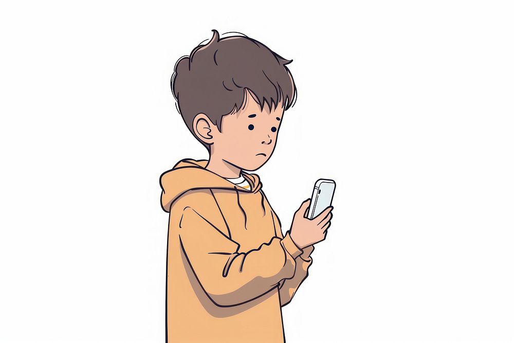 Kid holding cellphone flat illustration electronics texting cartoon.