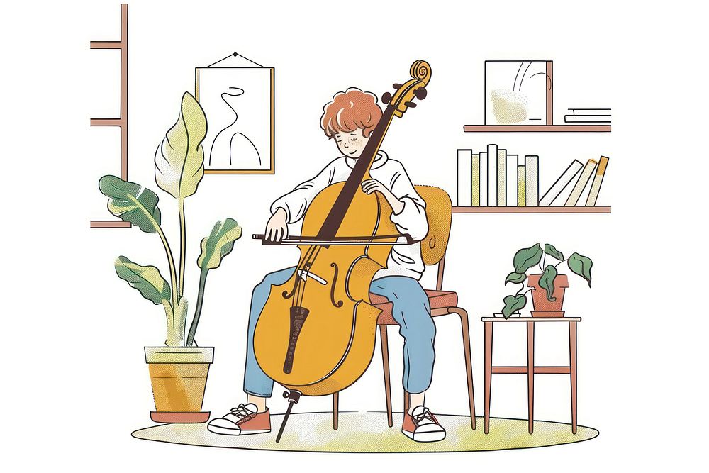Kid playing Cello flat illustration cello person plant.