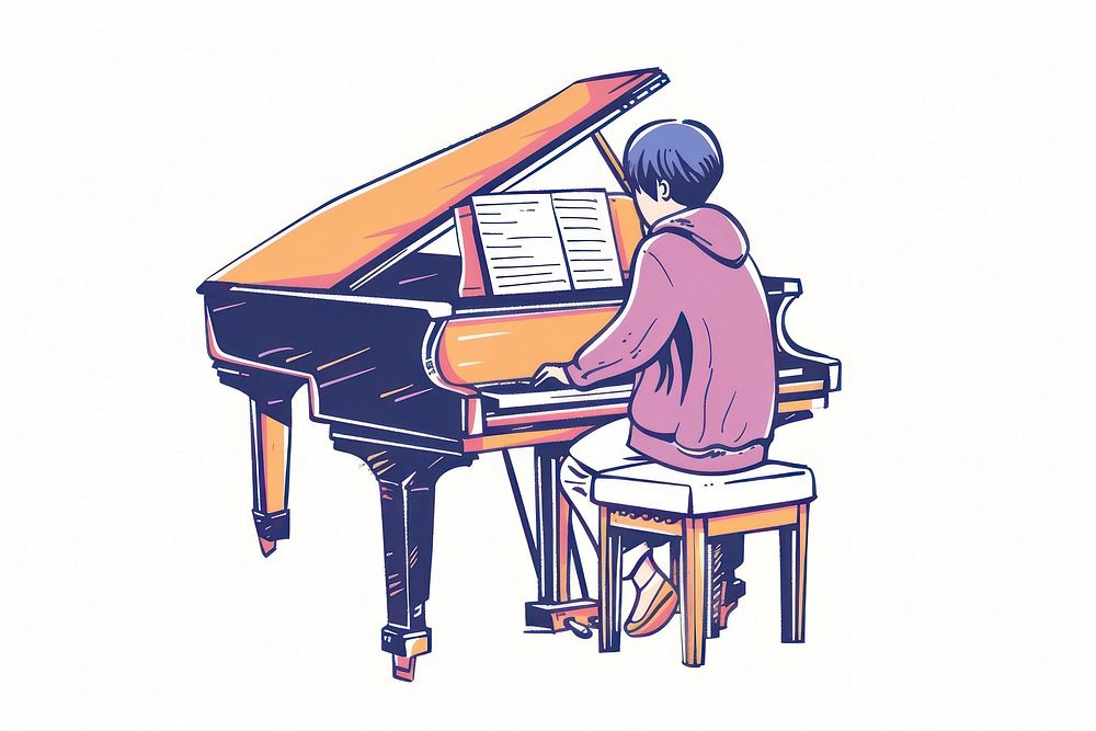 Kid playing piano flat illustration recreation performer keyboard.