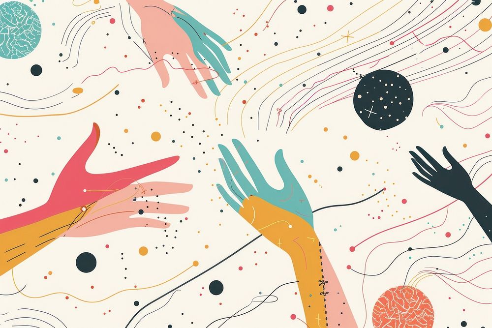Hands in a digital universe flat illustration art graphics painting.