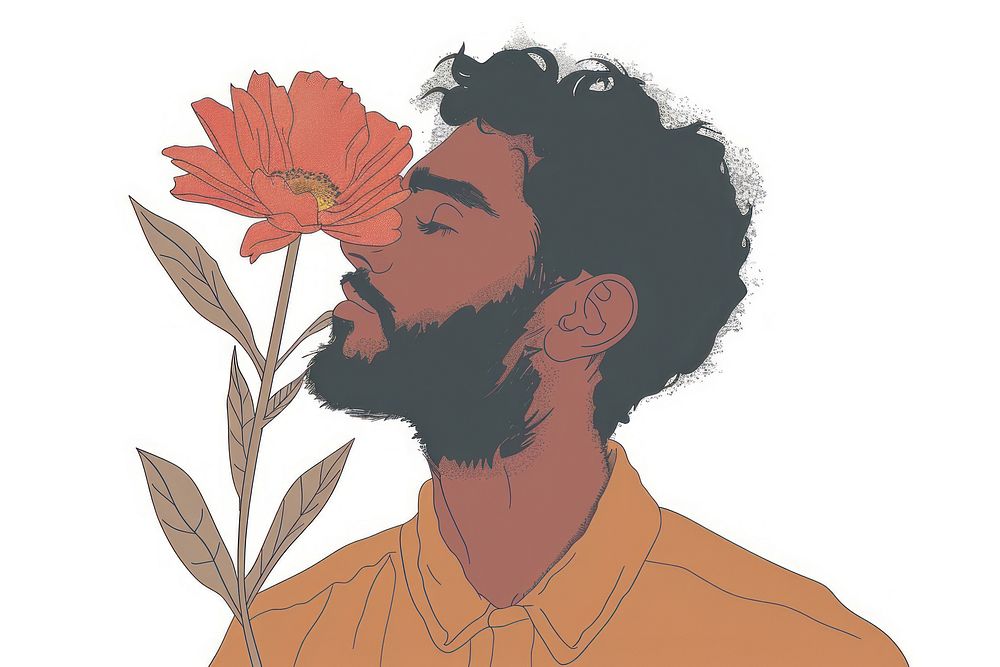Drawing sad man with flower portrait adult plant.