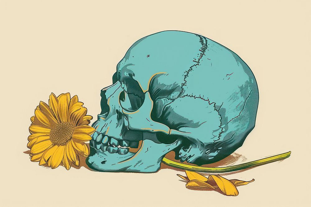 Drawing skull with flower art sketch illustrated.