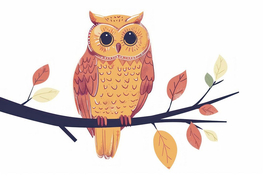 Owl perching on branch flat illustration art illustrated drawing.