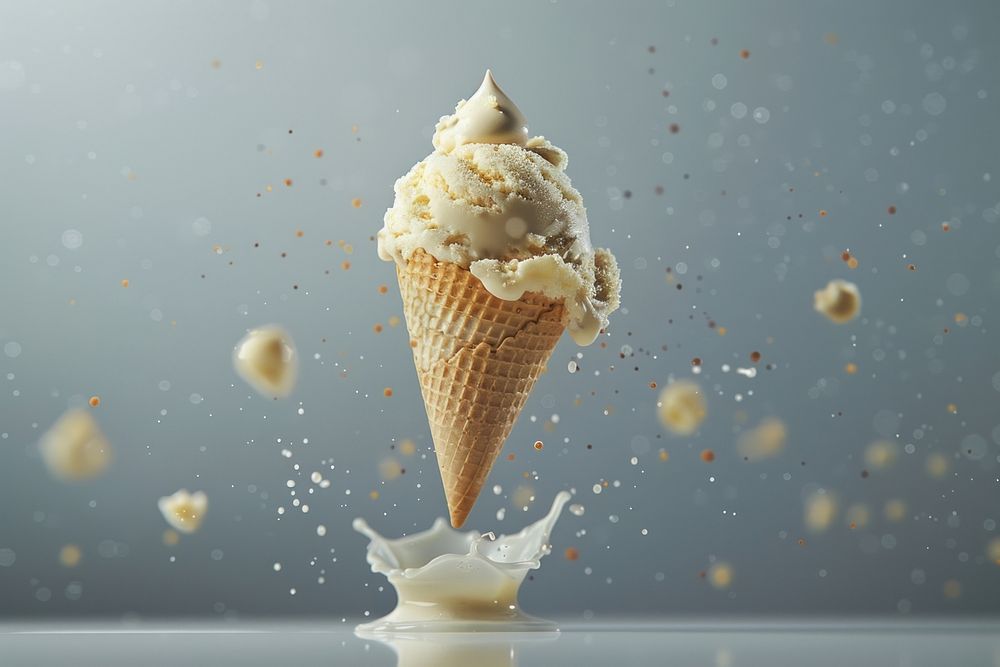 Levitating Ice cream scoop on waffle cone ice cream dessert creme.